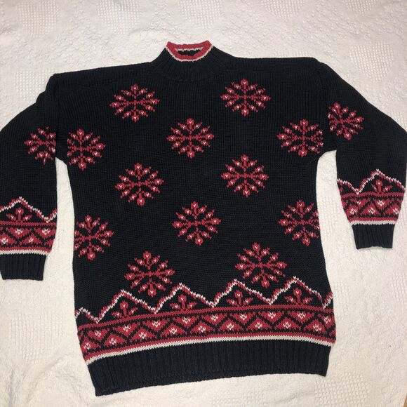 VINTAGE Best American Clothing Co Sweater Women L Black/Red Snowflakes - Picture 1 of 11